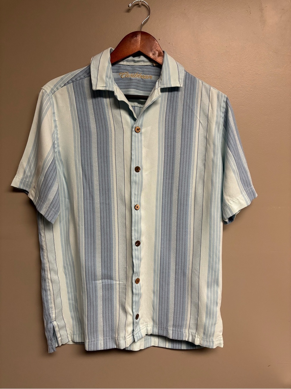Caribbean Men’s Short Sleeve Button-Down Shirt in Light Blue and Blue Stripe
